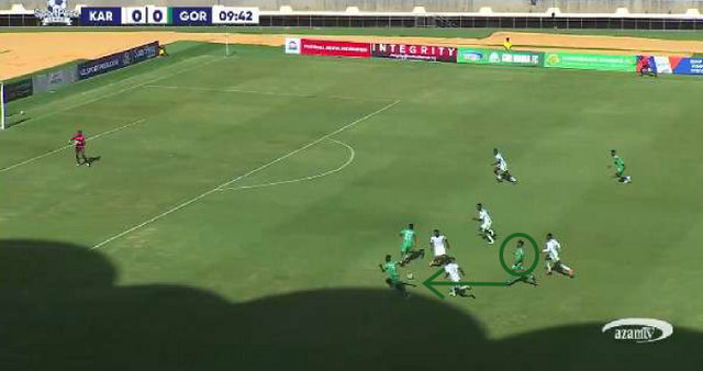 Pressure attraction & release: Stanley draws pressure onto himself before quickly teeing up the free wide player, accelerating Gor Mahia’s transition from regain into attack